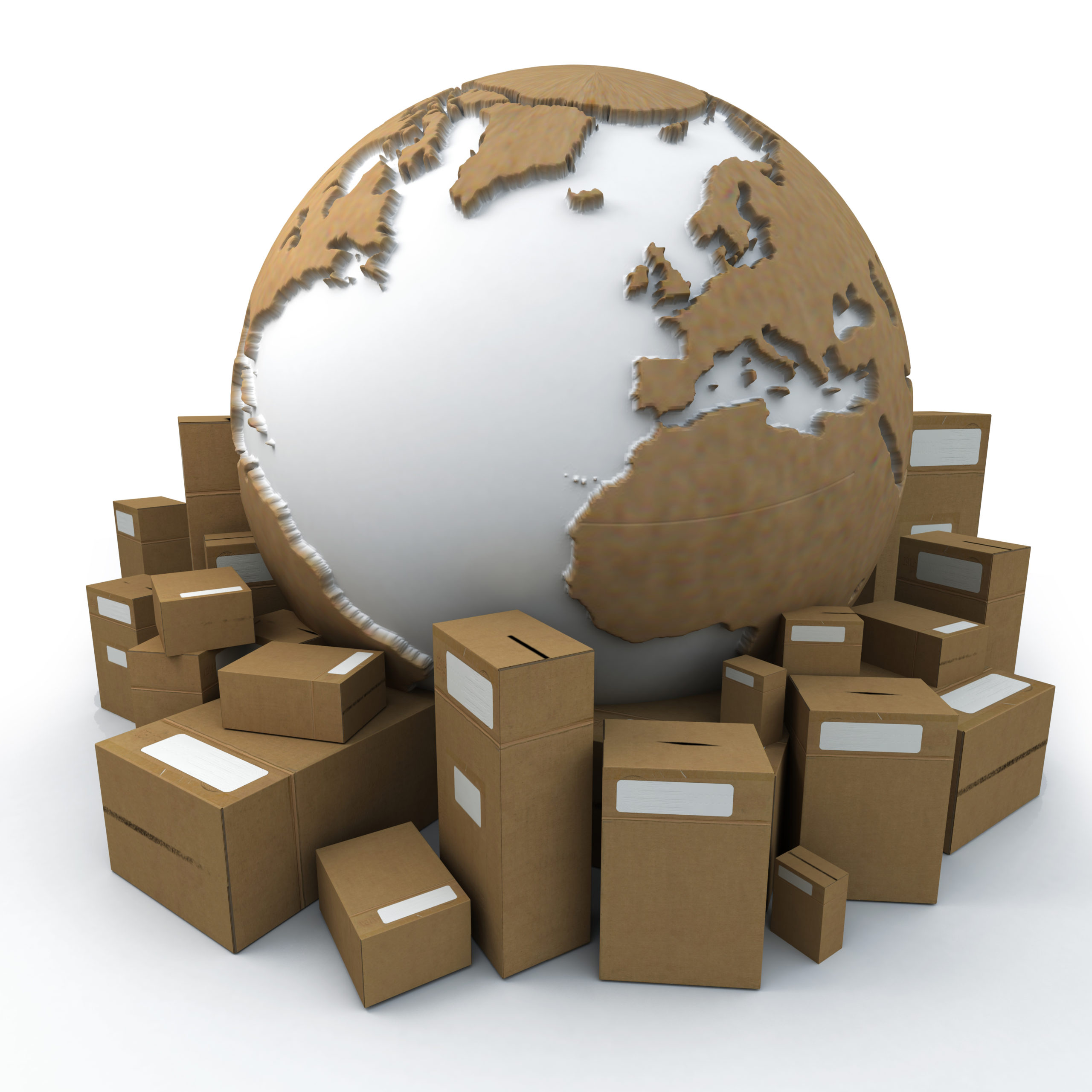 Boxes and Packaging in front of a globe
